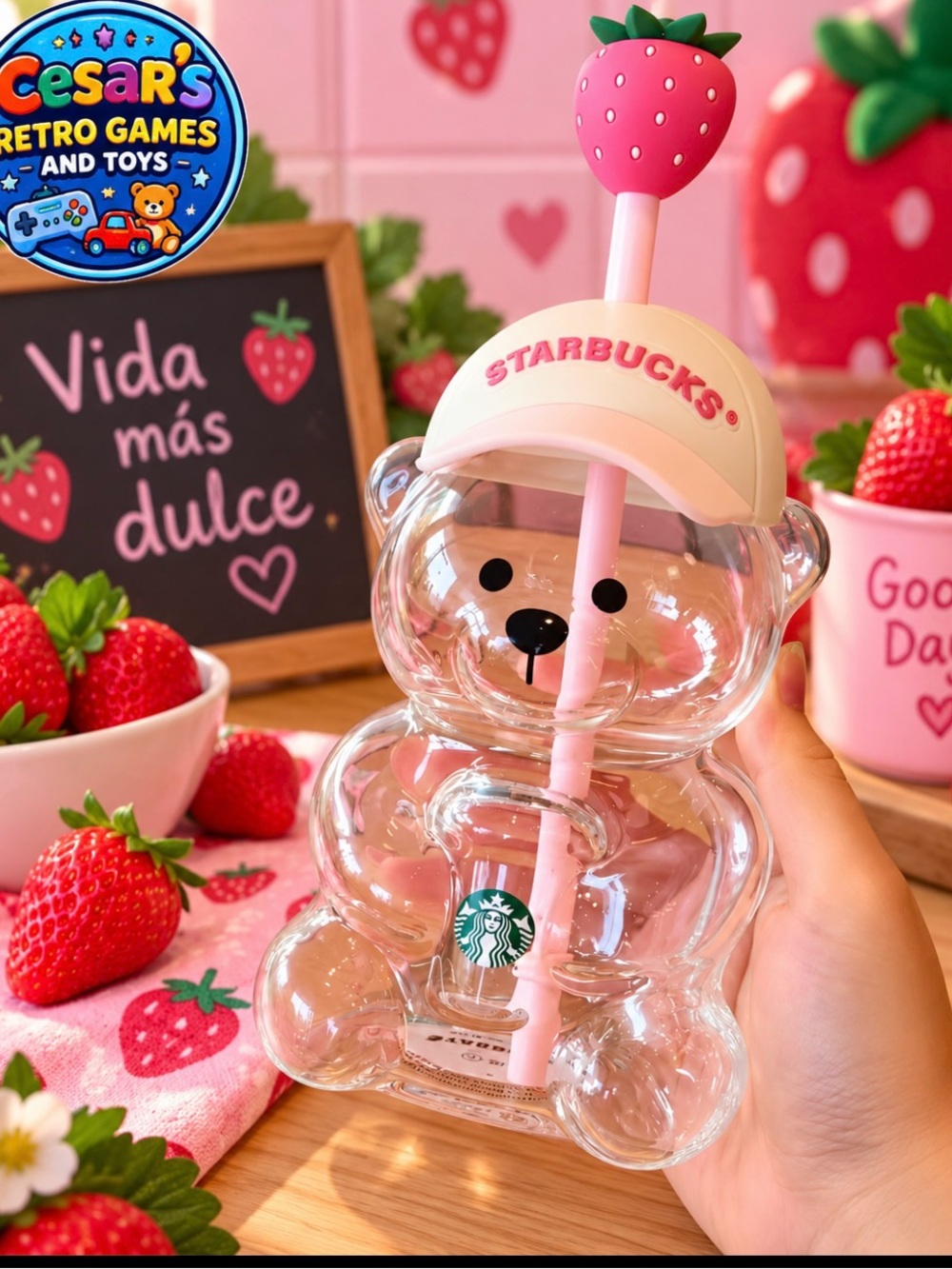 Starbucks Pink Strawberry Bear Tumbler with Straw